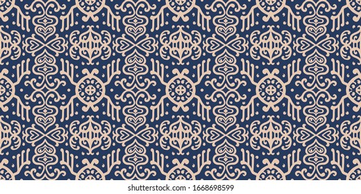 Ikat geometric folklore ornament. Oriental vector damask pattern. Ancient art of Arabesque. Tribal ethnic texture. Spanish motif on the carpet. Aztec style. Indian rug. Gypsy, Mexican embroidery.