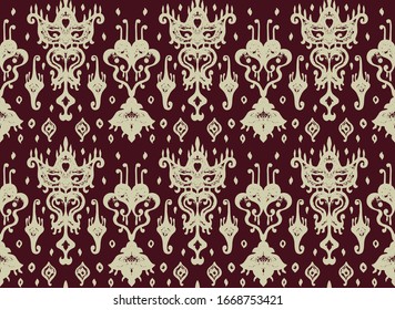 Ikat geometric folklore ornament. Oriental vector damask pattern. Ancient art of Arabesque. Tribal ethnic texture. Spanish motif on the carpet. Aztec style. Indian rug. Gypsy, Mexican embroidery.