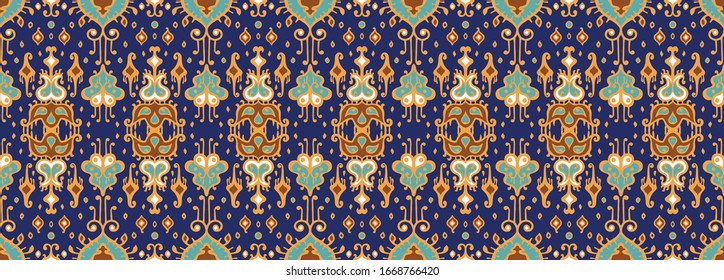 Ikat geometric folklore ornament. Oriental vector damask pattern. Ancient art of Arabesque. Tribal ethnic texture. Spanish motif on the carpet. Aztec style. Indian rug. Gypsy, Mexican embroidery.
