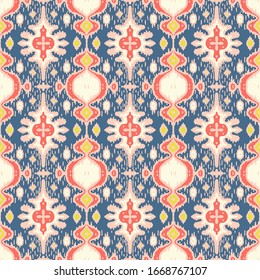 Ikat geometric folklore ornament. Oriental vector damask pattern. Ancient art of Arabesque. Tribal ethnic texture with heart. Spanish  carpet. Aztec style. Indian rug. Gypsy, Mexican embroidery.