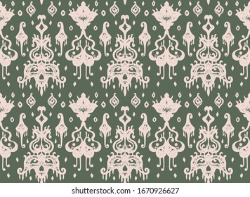 Ikat geometric folklore ornament. Oriental vector damask pattern. Ancient art of Arabesque. Tribal ethnic texture. Spanish motif on the carpet. Aztec style. Indian rug. Gypsy, Mexican embroidery.