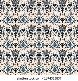 Ikat geometric folklore ornament. Oriental vector damask pattern. Ancient art of Arabesque. Tribal ethnic texture. Spanish motif on the carpet. Aztec style. Indian rug. Gypsy, Mexican embroidery.