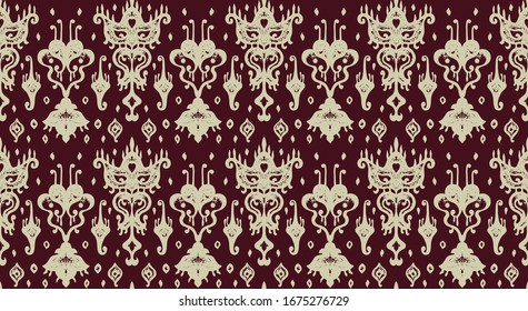 Ikat geometric folklore ornament. Oriental vector damask pattern. Ancient art of Arabesque. Tribal ethnic texture. Spanish motif on the carpet. Aztec style. Indian rug. Gypsy, Mexican embroidery.