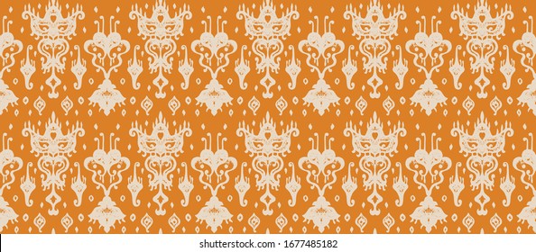 Ikat geometric folklore ornament. Oriental vector damask pattern. Ancient art of Arabesque. Tribal ethnic texture. Spanish motif on the carpet. Aztec style. Indian rug. Gypsy, Mexican embroidery.