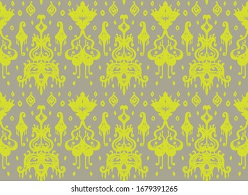 Ikat geometric folklore ornament. Oriental vector damask pattern. Ancient art of Arabesque. Tribal ethnic texture. Spanish motif on the carpet. Aztec style. Indian rug. Gypsy, Mexican embroidery.