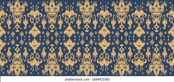 Ikat geometric folklore ornament. Oriental vector damask pattern. Ancient art of Arabesque. Tribal ethnic texture. Spanish motif on the carpet. Aztec style. Indian rug. Gypsy, Mexican embroidery.