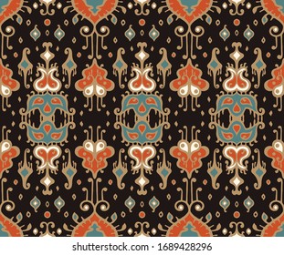 Ikat geometric folklore ornament. Oriental vector damask pattern. Ancient art of Arabesque. Tribal ethnic texture. Spanish motif on the carpet. Aztec style. Indian rug. Gypsy, Mexican embroidery.