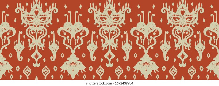 Ikat geometric folklore ornament. Oriental vector damask pattern. Ancient art of Arabesque. Tribal ethnic texture. Spanish motif on the carpet. Aztec style. Indian rug. Gypsy, Mexican embroidery.