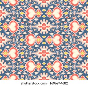 Ikat geometric folklore ornament. Oriental vector damask pattern. Ancient art of Arabesque. Tribal ethnic texture with heart. Spanish  carpet. Aztec style. Indian rug. Gypsy, Mexican embroidery.