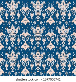 Ikat geometric folklore ornament. Oriental vector damask pattern. Ancient art of Arabesque. Tribal ethnic texture. Spanish motif on the carpet. Aztec style. Indian rug. Gypsy, Mexican embroidery.