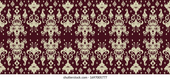 Ikat geometric folklore ornament. Oriental vector damask pattern. Ancient art of Arabesque. Tribal ethnic texture. Spanish motif on the carpet. Aztec style. Indian rug. Gypsy, Mexican embroidery.