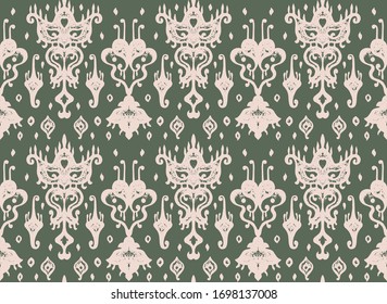 Ikat geometric folklore ornament. Oriental vector damask pattern. Ancient art of Arabesque. Tribal ethnic texture. Spanish motif on the carpet. Aztec style. Indian rug. Gypsy, Mexican embroidery.