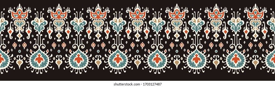 Ikat geometric folklore ornament. Oriental vector damask pattern. Ancient art of Arabesque. Tribal ethnic texture. Spanish motif on the carpet. Aztec style. Indian rug. Gypsy, Mexican embroidery.