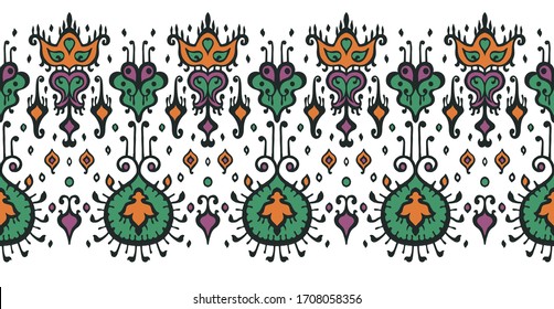 Ikat geometric folklore ornament. Oriental vector damask pattern. Ancient art of Arabesque. Tribal ethnic texture. Spanish motif on the carpet. Aztec style. Indian rug. Gypsy, Mexican embroidery.