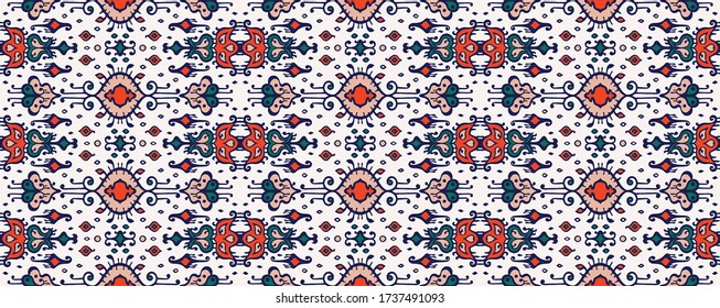Ikat geometric folklore ornament. Oriental vector damask pattern. Ancient art of Arabesque. Tribal ethnic texture. Spanish motif on the carpet. Aztec style. Indian rug. Gypsy, Mexican embroidery.