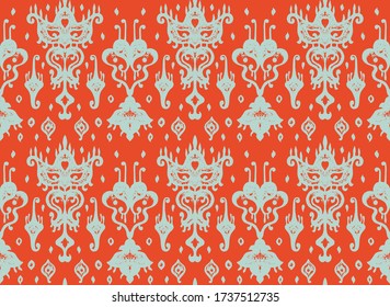 Ikat geometric folklore ornament. Oriental vector damask pattern. Ancient art of Arabesque. Tribal ethnic texture. Spanish motif on the carpet. Aztec style. Indian rug. Gypsy, Mexican embroidery.