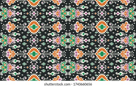 Ikat geometric folklore ornament. Oriental vector damask pattern. Ancient art of Arabesque. Tribal ethnic texture. Spanish motif on the carpet. Aztec style. Indian rug. Gypsy, Mexican embroidery.