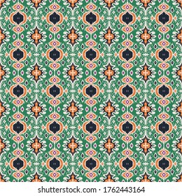Ikat geometric folklore ornament. Oriental vector damask pattern. Ancient art of Arabesque. Tribal ethnic texture with heart. Spanish  carpet. Aztec style. Indian rug. Gypsy, Mexican embroidery.