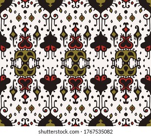Ikat geometric folklore ornament. Oriental vector damask pattern. Ancient art of Arabesque. Tribal ethnic texture. Spanish motif on the carpet. Aztec style. Indian rug. Gypsy, Mexican embroidery.