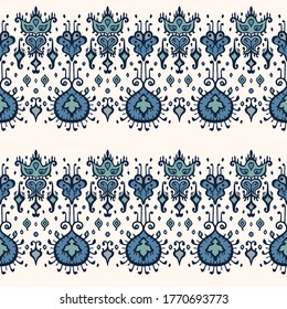 Ikat geometric folklore ornament. Oriental vector damask pattern. Ancient art of Arabesque. Tribal ethnic texture. Spanish motif on the carpet. Aztec style. Indian rug. Gypsy, Mexican embroidery.