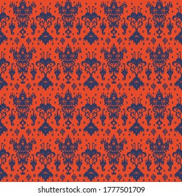 Ikat geometric folklore ornament. Oriental vector damask pattern. Ancient art of Arabesque. Tribal ethnic texture. Spanish motif on the carpet. Aztec style. Indian rug. Gypsy, Mexican embroidery.