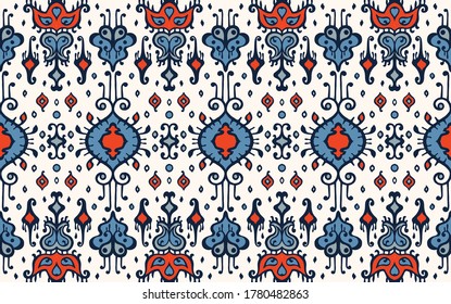 Ikat geometric folklore ornament. Oriental vector damask pattern. Ancient art of Arabesque. Tribal ethnic texture. Spanish motif on the carpet. Aztec style. Indian rug. Gypsy, Mexican embroidery.
