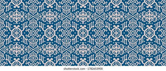 Ikat geometric folklore ornament. Oriental vector damask pattern. Ancient art of Arabesque. Tribal ethnic texture. Spanish motif on the carpet. Aztec style. Indian rug. Gypsy, Mexican embroidery.