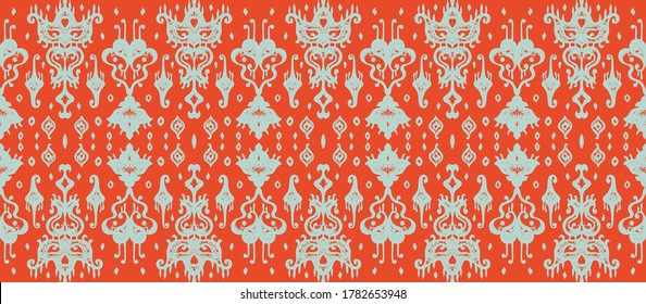 Ikat geometric folklore ornament. Oriental vector damask pattern. Ancient art of Arabesque. Tribal ethnic texture. Spanish motif on the carpet. Aztec style. Indian rug. Gypsy, Mexican embroidery.