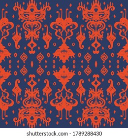 Ikat geometric folklore ornament. Oriental vector damask pattern. Ancient art of Arabesque. Tribal ethnic texture. Spanish motif on the carpet. Aztec style. Indian rug. Gypsy, Mexican embroidery.