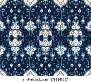 Ikat geometric folklore ornament. Oriental vector damask pattern. Ancient art of Arabesque. Tribal ethnic texture. Spanish motif on the carpet. Aztec style. Indian rug. Gypsy, Mexican embroidery.