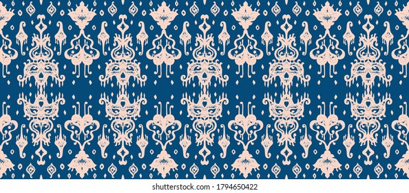 Ikat geometric folklore ornament. Oriental vector damask pattern. Ancient art of Arabesque. Tribal ethnic texture. Spanish motif on the carpet. Aztec style. Indian rug. Gypsy, Mexican embroidery.