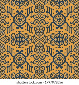 Ikat geometric folklore ornament. Oriental vector damask pattern. Ancient art of Arabesque. Tribal ethnic texture. Spanish motif on the carpet. Aztec style. Indian rug. Gypsy, Mexican embroidery.