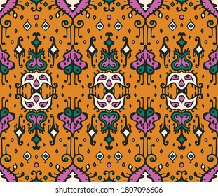 Ikat geometric folklore ornament. Oriental vector damask pattern. Ancient art of Arabesque. Tribal ethnic texture. Spanish motif on the carpet. Aztec style. Indian rug. Gypsy, Mexican embroidery.