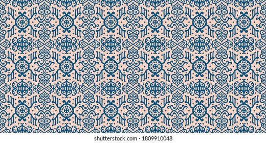 Ikat geometric folklore ornament. Oriental vector damask pattern. Ancient art of Arabesque. Tribal ethnic texture. Spanish motif on the carpet. Aztec style. Indian rug. Gypsy, Mexican embroidery.
