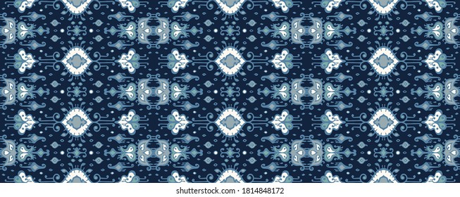 Ikat geometric folklore ornament. Oriental vector damask pattern. Ancient art of Arabesque. Tribal ethnic texture. Spanish motif on the carpet. Aztec style. Indian rug. Gypsy, Mexican embroidery.