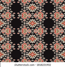 Ikat geometric folklore ornament. Oriental vector damask pattern. Ancient art of Arabesque. Tribal ethnic texture with heart. Spanish  carpet. Aztec style. Indian rug. Gypsy, Mexican embroidery.