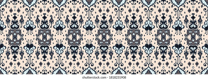 Ikat geometric folklore ornament. Oriental vector damask pattern. Ancient art of Arabesque. Tribal ethnic texture. Spanish motif on the carpet. Aztec style. Indian rug. Gypsy, Mexican embroidery.