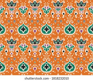 Ikat geometric folklore ornament. Oriental vector damask pattern. Ancient art of Arabesque. Tribal ethnic texture. Spanish motif on the carpet. Aztec style. Indian rug. Gypsy, Mexican embroidery.