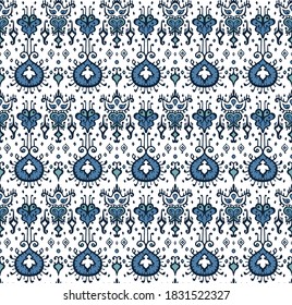 Ikat geometric folklore ornament. Oriental vector damask pattern. Ancient art of Arabesque. Tribal ethnic texture. Spanish motif on the carpet. Aztec style. Indian rug. Gypsy, Mexican embroidery.