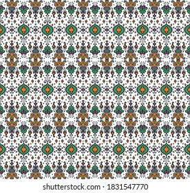 Ikat geometric folklore ornament. Oriental vector damask pattern. Ancient art of Arabesque. Tribal ethnic texture. Spanish motif on the carpet. Aztec style. Indian rug. Gypsy, Mexican embroidery.