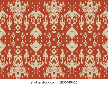 Ikat geometric folklore ornament. Oriental vector damask pattern. Ancient art of Arabesque. Tribal ethnic texture. Spanish motif on the carpet. Aztec style. Indian rug. Gypsy, Mexican embroidery.