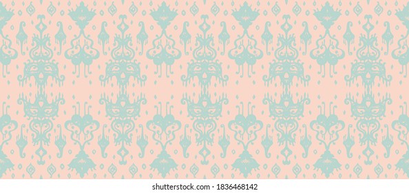 Ikat geometric folklore ornament. Oriental vector damask pattern. Ancient art of Arabesque. Tribal ethnic texture. Spanish motif on the carpet. Aztec style. Indian rug. Gypsy, Mexican embroidery.