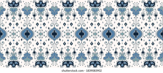 Ikat geometric folklore ornament. Oriental vector damask pattern. Ancient art of Arabesque. Tribal ethnic texture. Spanish motif on the carpet. Aztec style. Indian rug. Gypsy, Mexican embroidery.