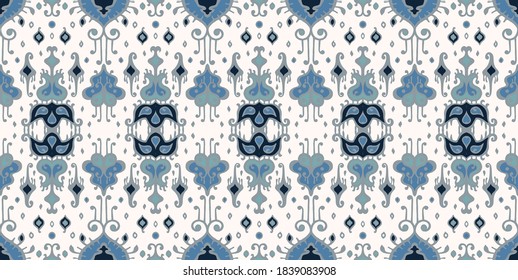 Ikat geometric folklore ornament. Oriental vector damask pattern. Ancient art of Arabesque. Tribal ethnic texture. Spanish motif on the carpet. Aztec style. Indian rug. Gypsy, Mexican embroidery.