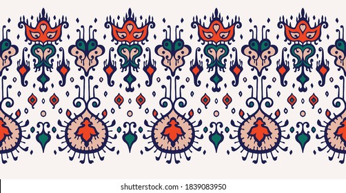 Ikat geometric folklore ornament. Oriental vector damask pattern. Ancient art of Arabesque. Tribal ethnic texture. Spanish motif on the carpet. Aztec style. Indian rug. Gypsy, Mexican embroidery.