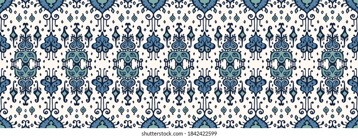 Ikat geometric folklore ornament. Oriental vector damask pattern. Ancient art of Arabesque. Tribal ethnic texture. Spanish motif on the carpet. Aztec style. Indian rug. Gypsy, Mexican embroidery.