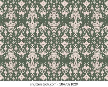 Ikat geometric folklore ornament. Oriental vector damask pattern. Ancient art of Arabesque. Tribal ethnic texture. Spanish motif on the carpet. Aztec style. Indian rug. Gypsy, Mexican embroidery.