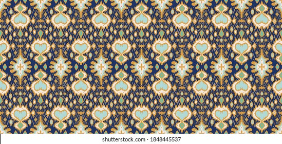 Ikat geometric folklore ornament. Oriental vector damask pattern. Ancient art of Arabesque. Tribal ethnic texture with heart. Spanish  carpet. Aztec style. Indian rug. Gypsy, Mexican embroidery.