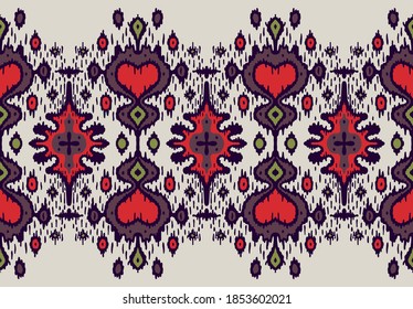 Ikat geometric folklore ornament. Oriental vector damask pattern. Ancient art of Arabesque. Tribal ethnic texture with heart. Spanish  carpet. Aztec style. Indian rug. Gypsy, Mexican embroidery.