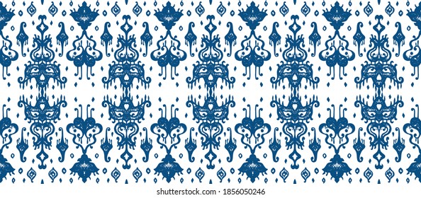 Ikat geometric folklore ornament. Oriental vector damask pattern. Ancient art of Arabesque. Tribal ethnic texture. Spanish motif on the carpet. Aztec style. Indian rug. Gypsy, Mexican embroidery.
